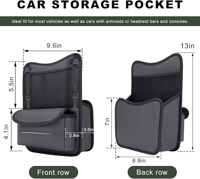 Car Purse Holder Between Seats, Nappa Leather Front Seat Storage Bag with Tissue Holder, Large Capacity Automotive Console Organizer for Document Phone Wallet, Car Accessories (Gray)