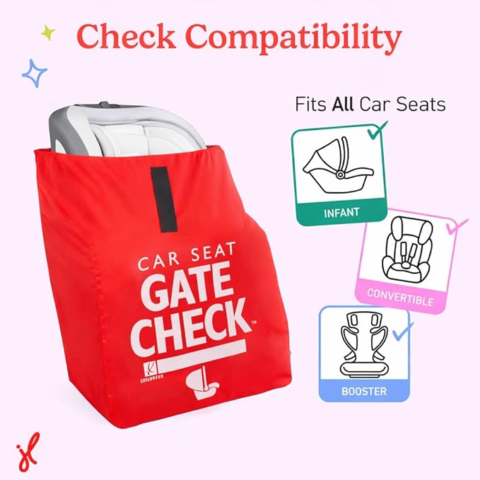 J.L. Childress Gate Check Travel Bag for Car Seats - Car Seat Travel Bag for Airplane, Fits All Baby & Infant Carriers, Airport Accessories for Gate Check, Flying Essentials, AirTag Compatible - Red