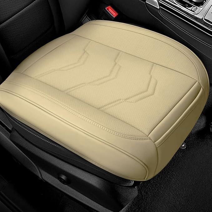 Luxury Faux Leather Car Seat Cover - Anti-Slip Waterproof Drive Seat Cushion Car Front Bottom Seat Cover with Storage Pocket - Universal Full Wrap Seats Protector for Cars SUV Trucks(Beige)