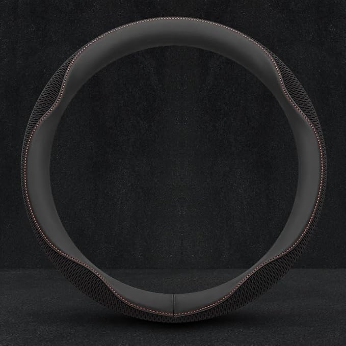 Carodi Car Steering Wheel Cover, Leather and Breathable ice Silk Fabric, Comfortable, Non-Slip, Warm in Winter and Cool in Summer, Universal 15 inch(Black red line)