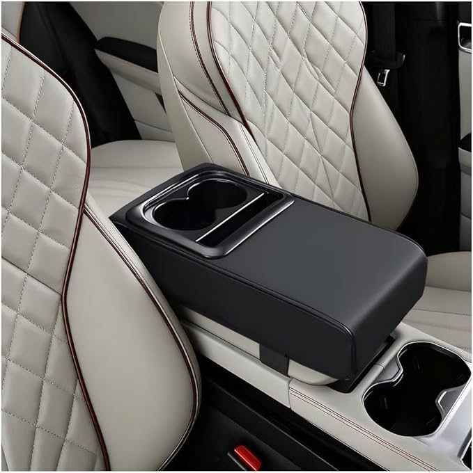 Car Center Console Armrest Pillow, Vehicle Armrest Seat Box Cushion Pad with Cup Holder & Phone Holder, Comfortable Auto Middle Console Cover, Universal for SUV RV Truck (Black)