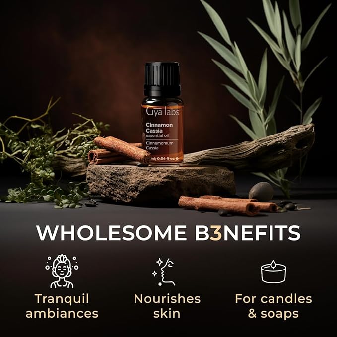 100% Pure Cinnamon Cassia Essential Oil - 0.34 Fl Oz - Cinnamon Cassia Oil for Hair, Skin, Diffuser, Aromatherapy & DIY Candle Making Scent