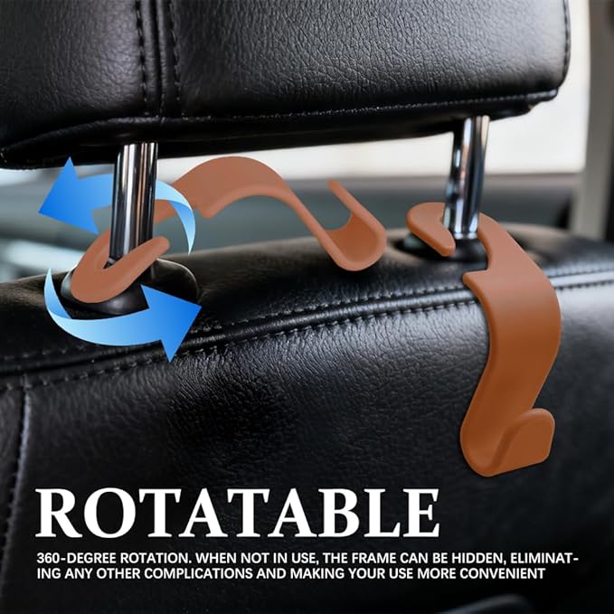 4PCS Car Seat Headrest Hooks, Purse Hook for Car, Auto Back Seat Organizer Storage Hanger Holder, Auto Accessories Multi-Use Portable Headrest Organizer Holder for Purse Handbag Coats (Brown)