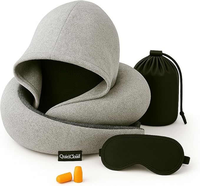 Travel Neck Pillow Hooded Memory Foam 360° Head & Chin Support, Lightweight Breathable Adjustable Fit Travel Neck Pillow with Eye Mask, Earplugs & Carry Bag for Airplanes, Car, Bus, Train & Long Trips