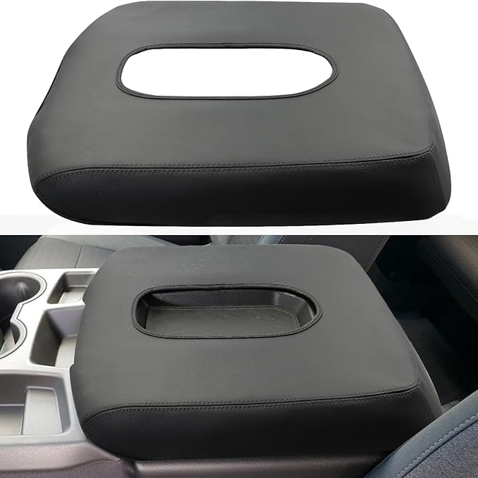 Center Console Armrest Cover for Chevy Silverado/GMC Sierra Accessories 2019-2024 2025 Arm Rest Box Pad Middle Console Lid Cushion Leather Protective Case Only for Jump Seat (Black Stitches)