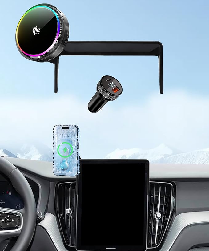 Qi2.2 25W Magnetic Car Mount Charger for 2026 Volvo XC60 Plug-in Hybrid / 2025 2026 Volvo XC90 Hybrid Accessories, for Cell Phone Holder 11.2 Inch Screen Fixed Clip with Cooling Fan