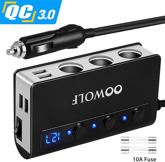 OOWOLF 7 in 1 Cigarette Lighter Splitter, 180W Quick Charge 3.0 12V/24V 3-Socket Car Charger Adapter, 4 USB Ports Car Power Adapter Car Splitter, Independent Switches, LED Voltmeter, 2.3FT Cable