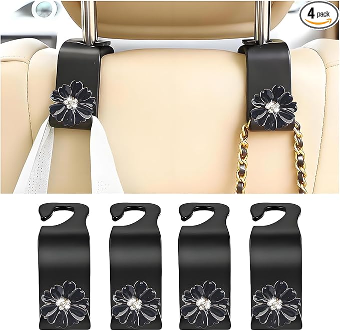 4PCS Bling Car Seat Headrest Hooks, Crystal Rhinestone Flower Vehicle Back Seat Hanger Holder Hook, Automotive Interior Hanging Storage Accessories for Purse Coats Bag, Universal Fit (Black)