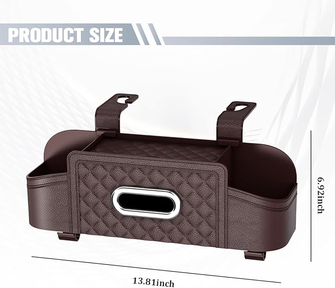 Car Backseat Organizer, 4-in-1 Multifunctional Vehicle Seat Back Tissue Box with Cup Holder & Hook, Automotive Backseat Hanging Storage Box for Bag Phone Drink, Universal for Vehicles (Brown)