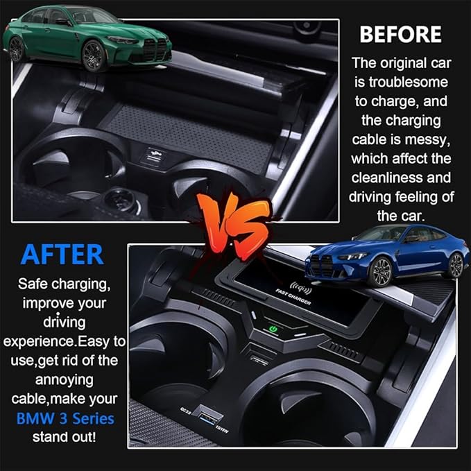 Wireless Car Charger for BMW 3 Series G20 2019-2024, for BMW 4 Series G22 2020-2024, for BMW 2 Series 2022-2024, OEM Custom Fit with 27W USB-A & Type-C Wireless Fast Phone Charging Pad