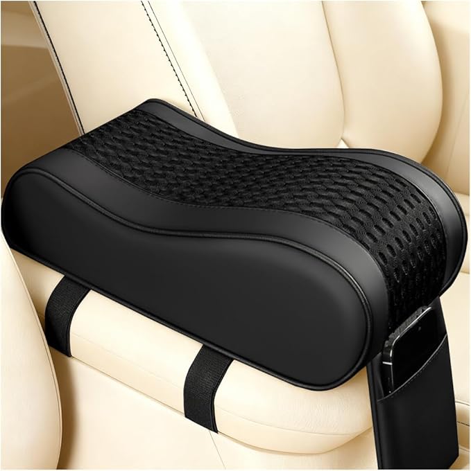 Car Armrest Cushion, Soft Memory Foam Leather Vehicle Armrest Pillow with Storage Bag, Multifunctional Automotive Interior Center Console Arm Rest Pad, Universal for Most Vehicles (Black)