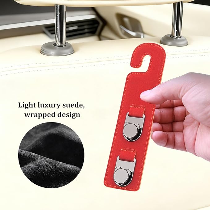 HZEL 2PCS Car Seat Headrest Hooks, Dual Hook Suede Vehicle Backseat Storage Holder for Purse Handbag Coat, Multifunctional Auto Seat Back Grocery Hanger Organizer, Universal for Vehicles (Red)