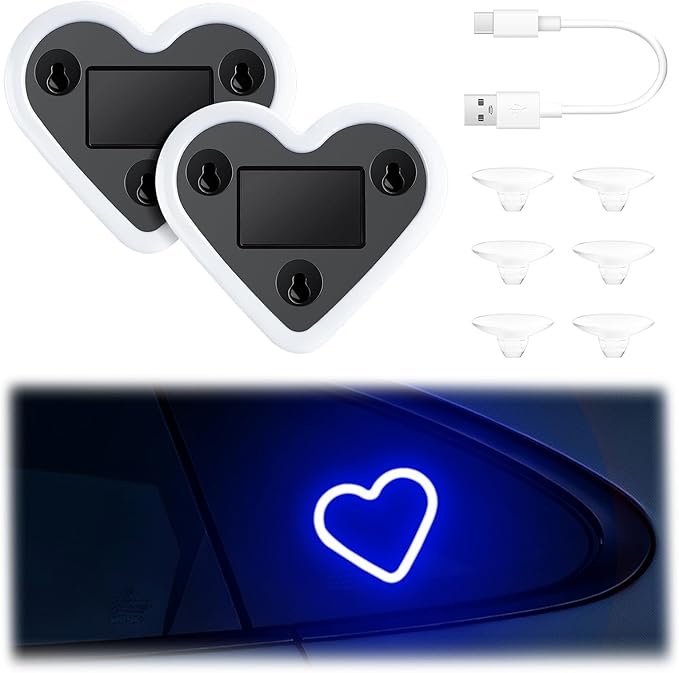 iFunyLED Car LED Interior Lights, Heart-Shaped Ambient Light for Windows, 5 Lighting Modes, Charging Through Type-c and Solar Energy, Car Decorations for Women Men, Pack of 2, (Blue)
