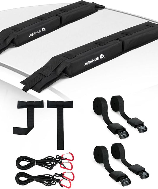 Abahub Soft Roof Rack Pads with 2 Tie Down Straps, 2 Tie Down Ropes, 2 Hood Loops and Storage Bag, for Surfboard, Kayak, Canoe, Heavy Duty Universal Car Roof Racks System
