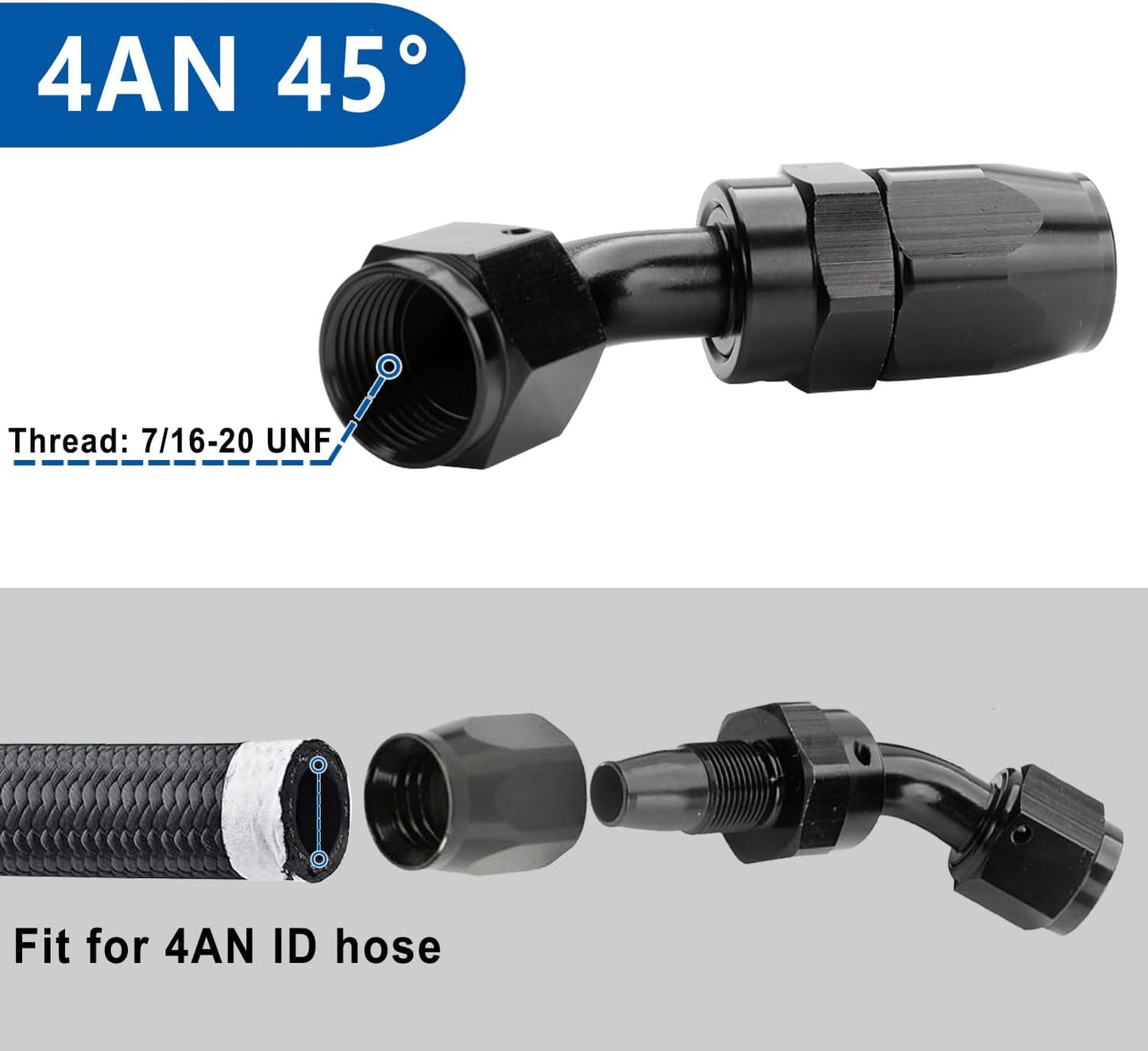 LokoCar 4AN Hose End Fitting 45 Degree Swivel For CPE Braided Hose Black 2Pcs