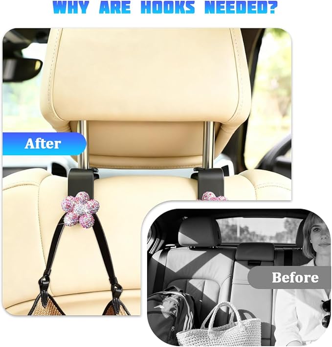 Bling Car Seat Headrest Hook, 4PCS Daisy Crystal Rhinestone Vehicle Backseat Hanger Hook for Purses Bags, Auto Headrest Storage Organizer Decorations, Universal Fit (Multicolour Pink)