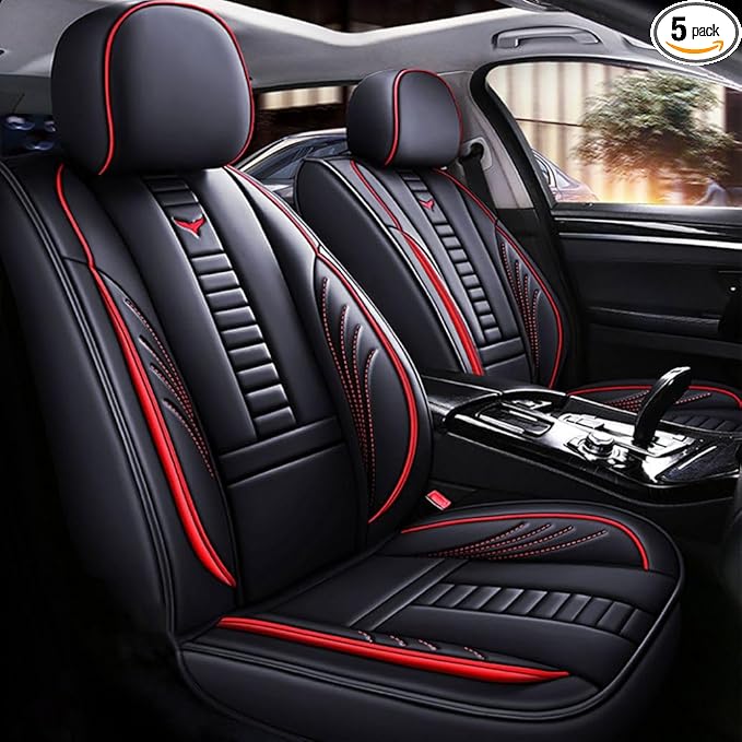 for Toyota RAV4 2008-2025 Car Seat Covers, Full Coverage Customized Seat Covers Premium Leather Waterproof Stain-Resistant Easy to Install (Full Set, Black&Red)