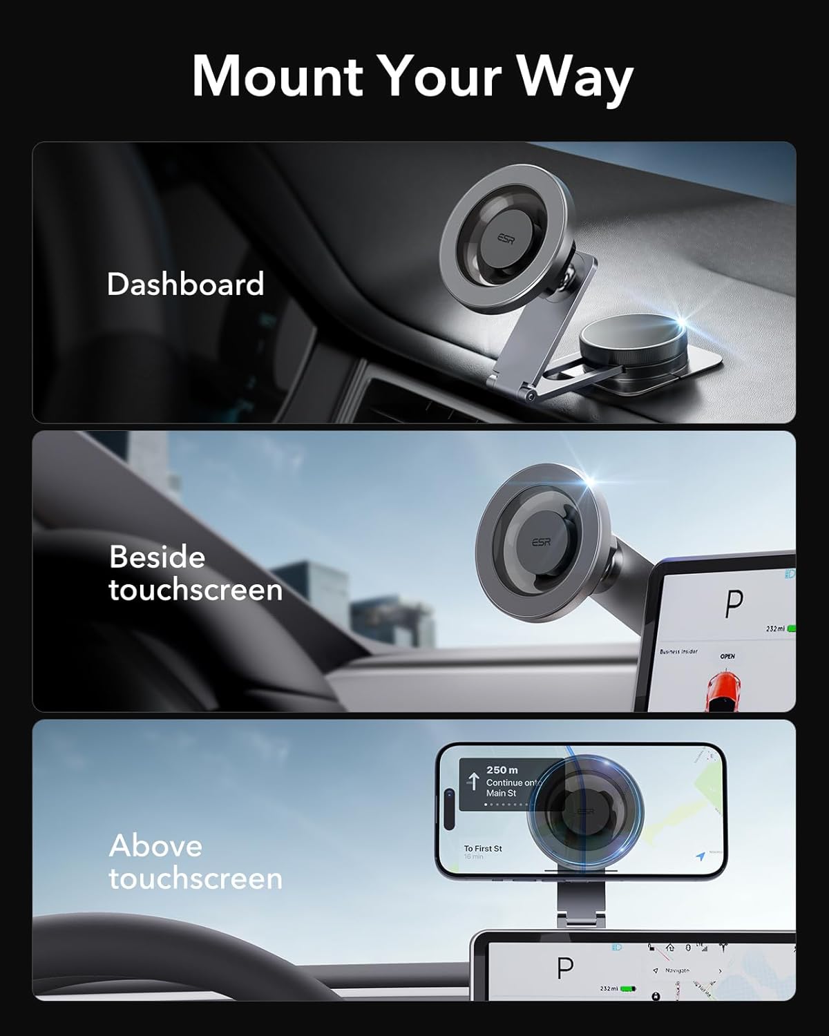 ESR for MagSafe Car Mount, Car Phone Holder,Dashboard/Tesla Touchscreen Car Mount, Magnetic Phone Holder for Car, for iPhone 16/16e/15/14/13/12, S25, Charging Not Supported(2 Metal Rings Included)