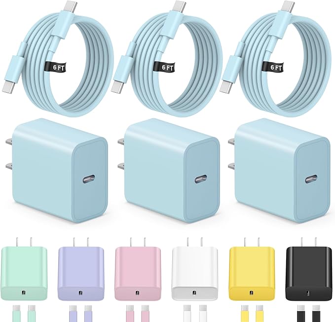 iPhone 17 16 15 Charger Fast Charging 3+3Pack Type C Charger USB C Chargers Block with 6FT Cable for iPhone Air/17/17 Plus/17 Pro/17 Pro Max/16/16 Plus/16 Pro/16 Pro Max/15/15 Pro Max/iPad Pro(Blue)