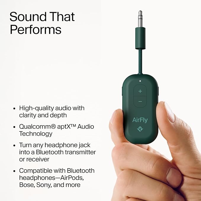 Twelve South AirFly Pro | Bluetooth Wireless Transmitter/Receiver Adapter for 2 Headphones, Audio Sharing, Compatible with 3.5mm aux Jack for Airplanes, TV, Gym, Stereo, and Travel, Evergreen