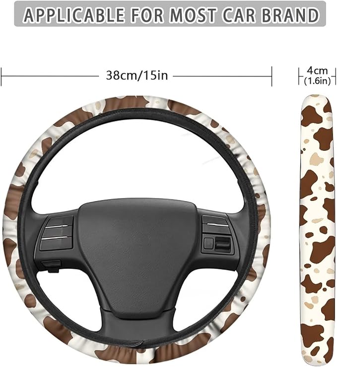 AFPANQZ Elastic Steering Wheel Cover, Brown Cow Pattern Non-Slip Steering Wheel Protective Covers, Women Men Car Accessories Universal 15 Inch Fit Auto, Suvs, Truck