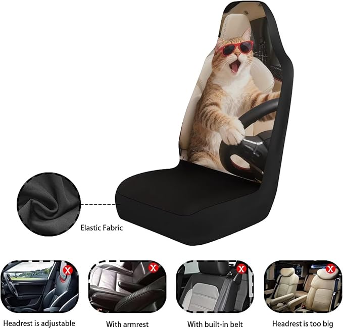 Cat Driving Car Seat Covers 2 Pcs Cute Car Seat Covers Front Seats Only Easy to Install and Clean Protection Interior Accessories Universal Fit for Most Cars SUVs and Sedans
