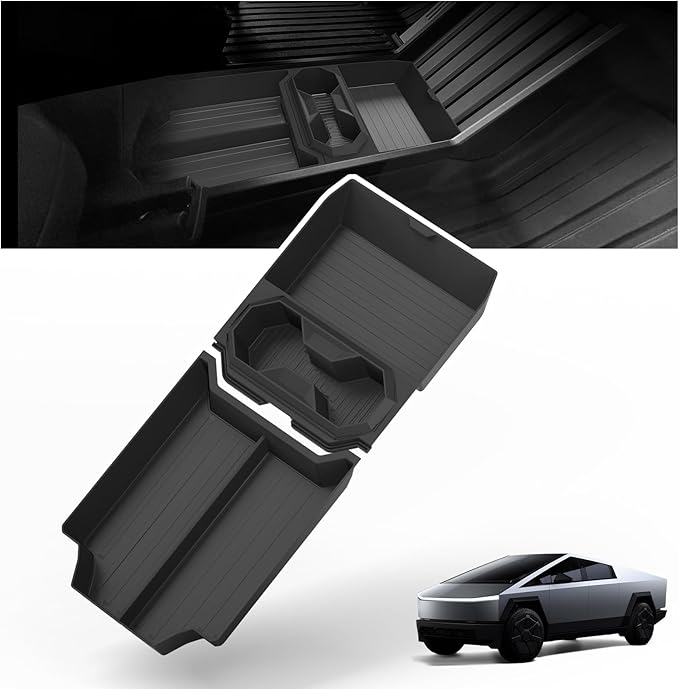 Tesla Cybertruck Floor Lower Tray - Custom Fit Storage Tray with Cup Holders, Anti-Slip, Waterproof TPE, Multi-Compartment Organizer for 2024+ Cybertruck, Center Console Compatible