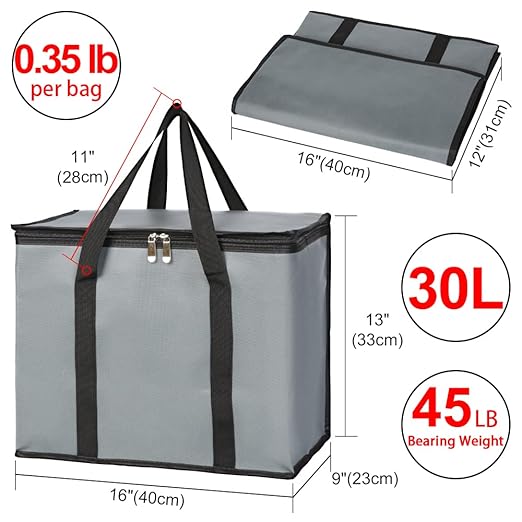 CIVJET 1-Pack Insulated Reusable Grocery Bags, X-Large Insulated Food Delivery Bag for Doordash/Catering/Uber Eats, Commercial Food Warmer for Shopping, Tote Cooler Bags, Dark Grey