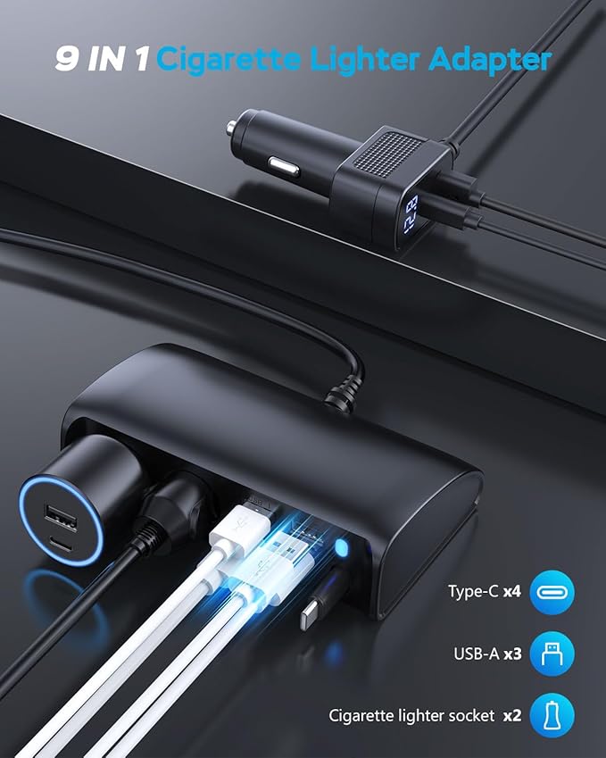 OOWOLF Retractable Cigarette Lighter Charger, 148W Car Charger Adapter 6 USB Ports, USB QC3.0 + PD3.0 Fast Charging, 70cm USB-C Charging Cable, Car Accessories, Compatible with 12/24V Vehicles