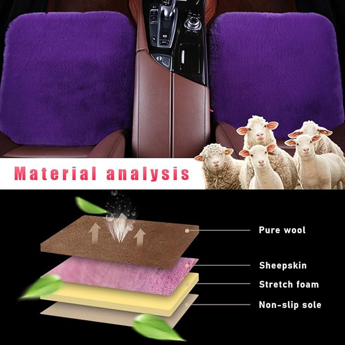Sheepskin Car Seat Cushion, Comfortable Soft Fur Wool Auto Front Seat Cover, Vehicle Seat Protector Pad for Warm Winter Office Chair, Universal Decor Car Accessories (Purple)