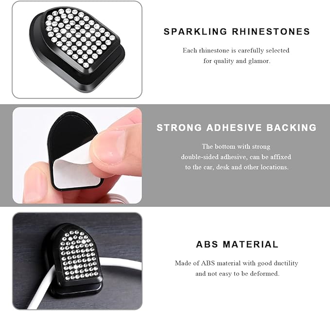 4 PCS Bling Car Mini Hooks, Cute Rhinestone Adhesive Back Seat Auto Hangers, Multifunctional Crystal Hanging Storage Hook for Vehicle Dashboard Wall Hat Coat Towel Key (White)