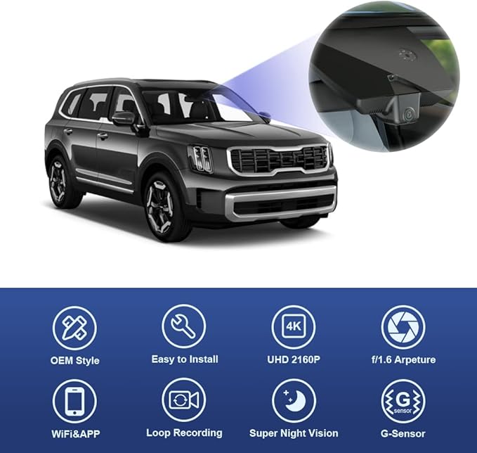 Fitcamx 4K Dual Dash Cam Suitable for Kia Telluride S LX EX SX X-pro X-Line 2020 2021 2022 (Part NO#S9000), OEM Look, Front 2160P+Rear 1080P Video, Built-in WiFi & APP, Loop Recording, G-Sensor, 128GB