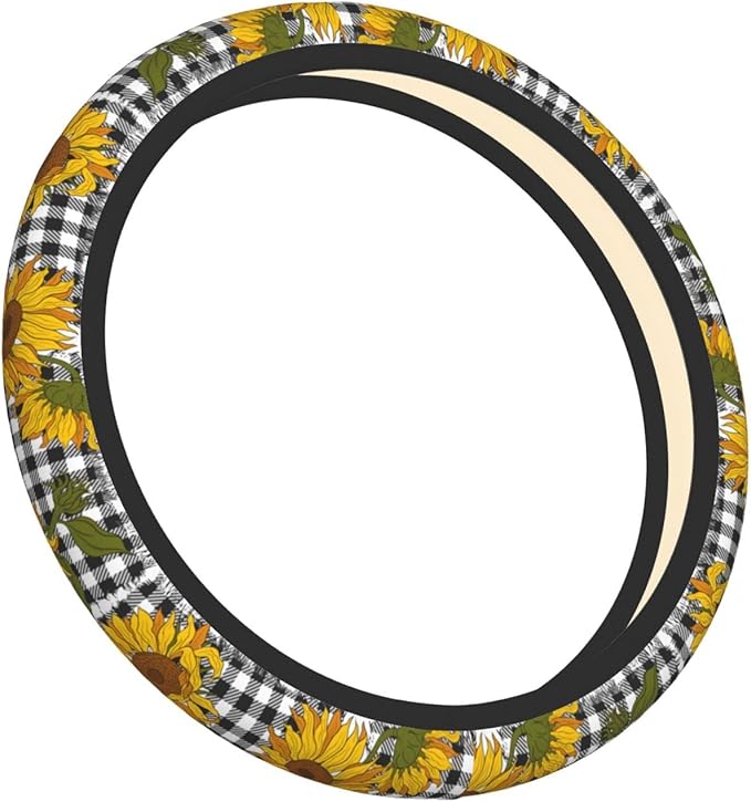 Checkered Sunflowers Steering Wheel Cover Women Men Elastic Stretch Soft Car Wheel Protector Universal Breathable No-Slip Car Accessories for Truck Van SUV Auto Fit 14-15 Inches