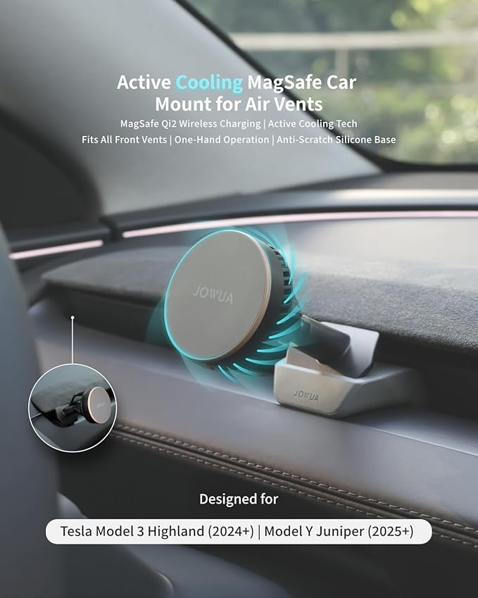 Jowua Active Cooling Magnet Car Mount for Air Vents (Model 3 Highland & Model Y Juniper) Compatible for magsafe, Wireless Charging