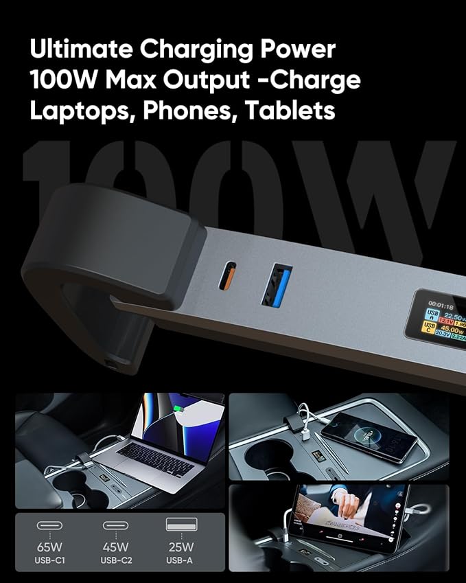 Tesla Model 3/Y USB Hub - Center Console Fast Charging Adapter, 100W Max Power, Hidden Cable Management, IPS Display, Smart Power Distribution for Tesla Model 3 (2021-2023) & Model Y Accessories