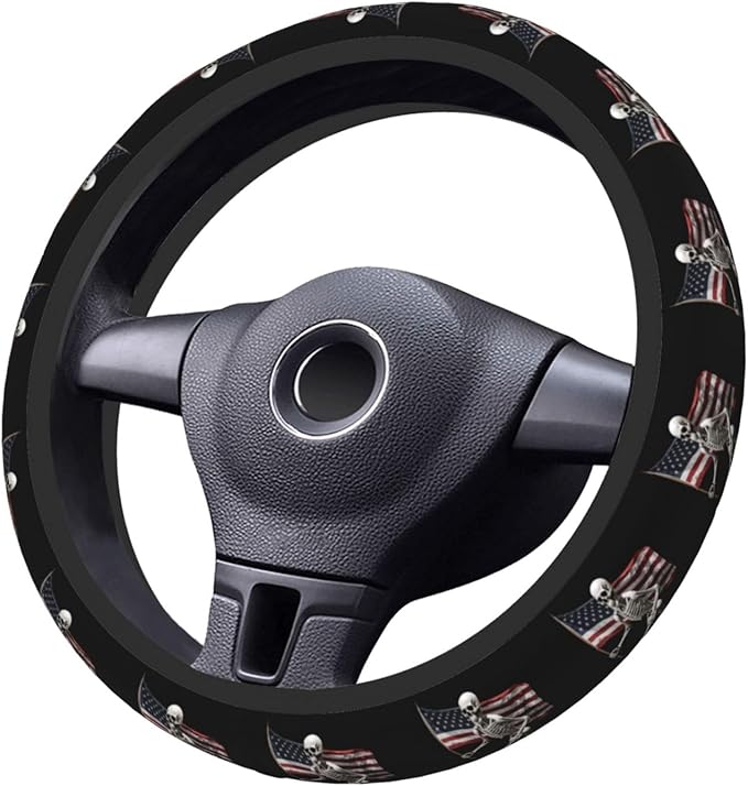 Ouqiuwa Skull and US Flag Steering Wheel Cover Women, Comfortable Elastic Steering Car Wheel Cover Fit 15 inches Universal Accessories Suvs Trucks Decor