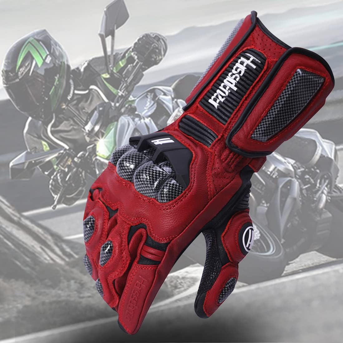 Harssidanzar Leather Motorcycle Gloves for Men and Women,Powersports Carbon Fiber Knuckle Protection Motorbike Gloves KM045