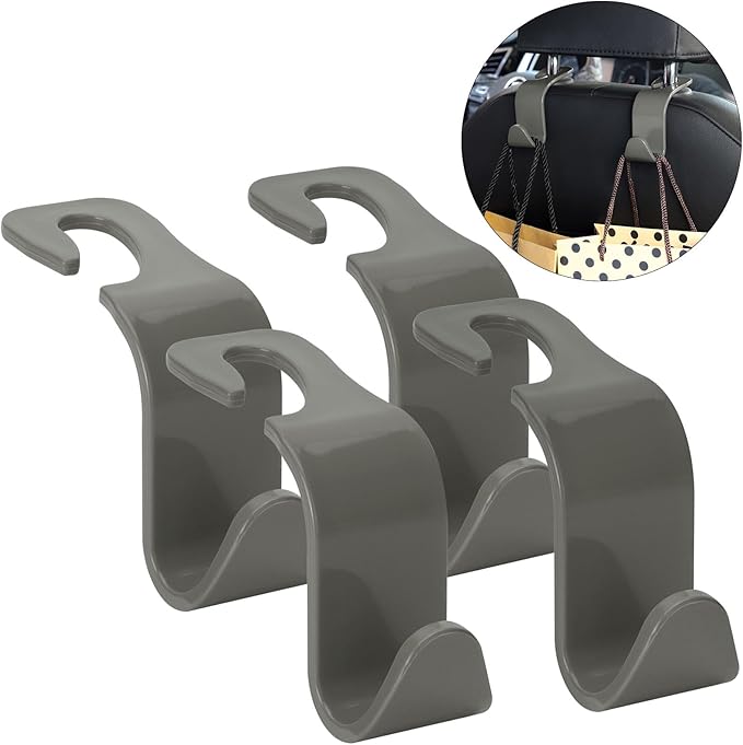 Soleebee 4 Pack Car Headrest Hooks - Universal Auto Hooks, Back Seat Hangers, Storage Organizer (Grey)