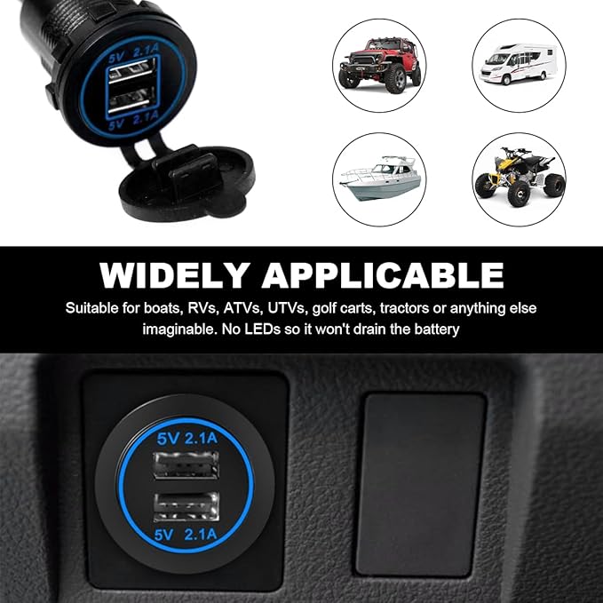 4.2A Dual USB Charger Socket, Waterproof Power Outlet 12V/24V 2.1A & 2.1A Quick Charge Socket, USB Charger Socket with Cap for Car Golf Cart Mobile RV ATV Truck Marine Boat (Blue)