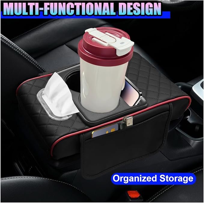 Leather Car Center Console Cover, Universal Automotive Armrest Booster Cushion, Vehicle Middle Console Organizer with 2 Cup Holders, Side Storage Bag, Tissue Box & Phone Slot(BlackRed)