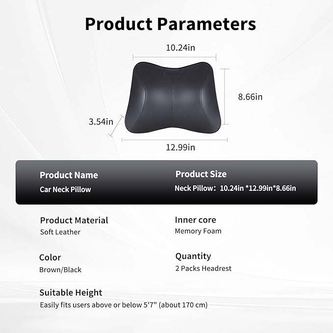 2PCS Leather Memory Foam Car Headrest Pillow Ergonomic Neck Pillow, Universal for Tesla Model Y/3/X/S BMW X3 X5 Lexus TX350 NX350 350h RX350 Volvo XC60 XC90 for Neck Pain Relief(Black)