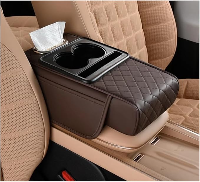 Car Center Console Cover, Memory Foam Nappa Leather Vehicle Armrest Cushion with Tissue Box, 2 Storage Bag & Holder, Automotive Arm Rest Protector Accessories, Universal Fit (Brown)