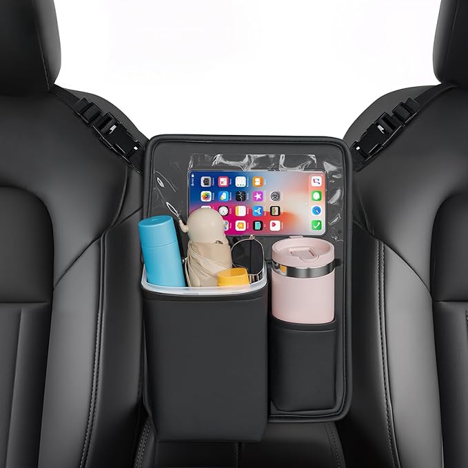 FLORICH Car Organizer Storage Between Seats, Premium Leather Car Mesh Organizer with Waterproof Cup Holder, Car Hanging Storage Bag Pocket Between Seats