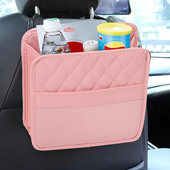 Car Seat Back Organizer, Foldable Leather Vehicle Backseat Storage Bag, Multifunctional Automotive Interior Hanging Pocket Accessories, Universal Fit (Pink)
