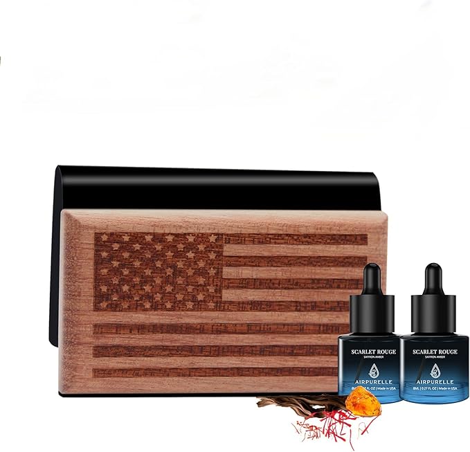 AirPurelle Car Air Freshener with Metal Clip Wood Air Freshener, 90 Days Long Lasting Saffron Amber Scent, Includes 2x 8ML Refills, 0.54 FL OZ, Made in USA, Car Auto Accessories