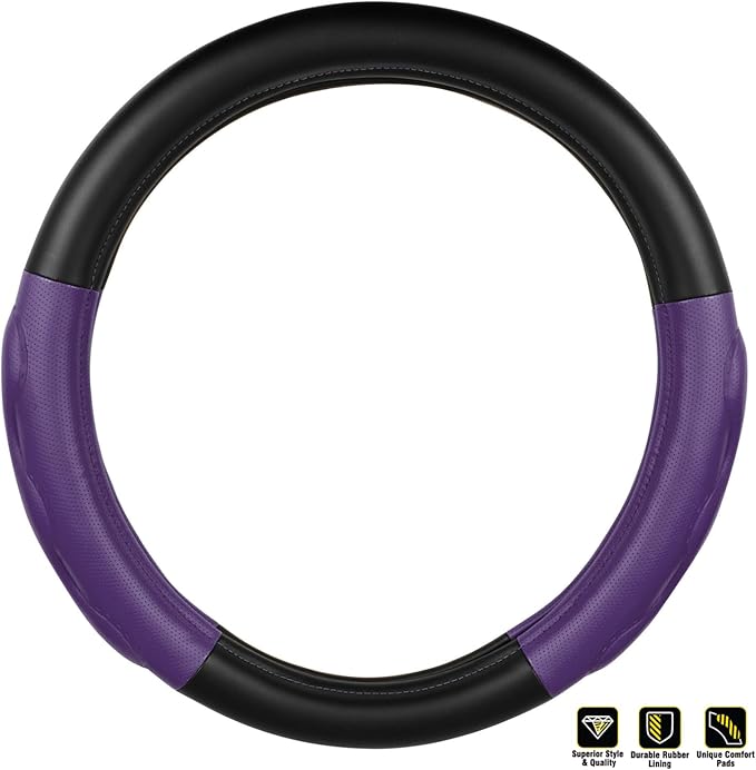 GG Grand General 54082 18 inches Deluxe Plus Steering Wheel Cover Full Black with Purple Comfort Pad