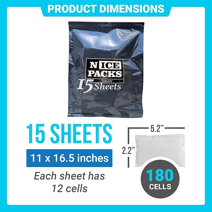 Nice Packs Reusable Dry Ice Packs for Coolers, Lunch Boxes, Frozen Food Shipping - Flexible and Long Lasting (15 Extra Large Sheets)