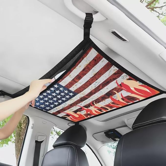 Fire American Flag Car Seat Organizer Roof Storage Tidy Pouch Pocket Car Travel Accessories Suitable for Cars, SUVs