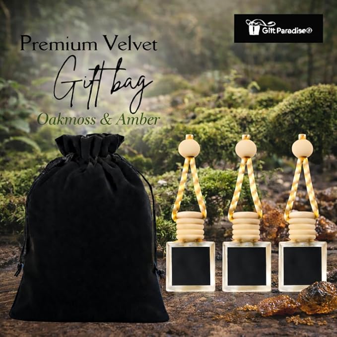 Oakmoss & Amber Car Freshener Set of 3 in Velvet gift bag– Premium Hanging Diffusers – Long Lasting Earthy & Masculine Scent for Cars, Closets & Small Spaces
