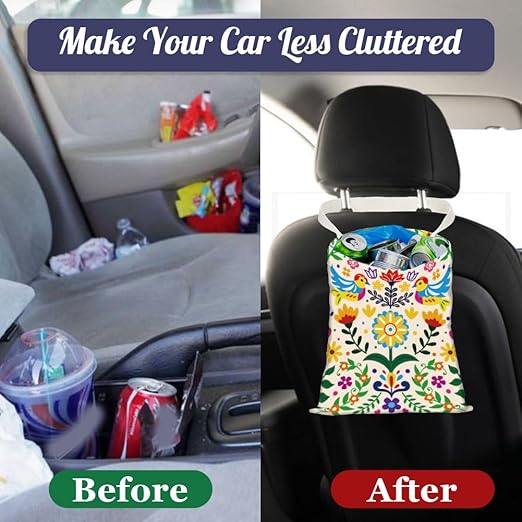 Abstract Birds Flowers Print Car Trash Bag Hanging Garbage Bag with Snap Buttons Car-Back Seat Trash Storage Portable Dustbin for Vehicle Interior Accessories Travelling Camping